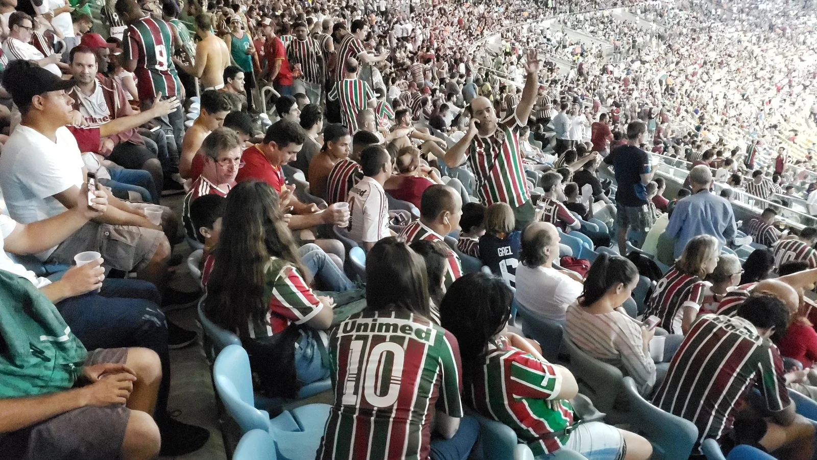 Torcedores do Fluminense nas arquibancadas de um estádio